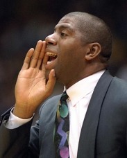 29 Mar 1994: Los Angeles Lakers head coach Earvin (Magic) Johnson exhorts his team during a game against the Minnesota Timberwolves at the Great Western Forum in Inglewood, California. Mandatory Credit: Stephen Dunn /Allsport Mandatory Credit: Stephen D